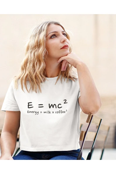 playbackmoda Akiki Tasarım, E=mc2 Energy=milk X Coffee2, Bilimsel Tasarım, Beyaz Crop (yarım Tişört) , L Beden - Resim 2