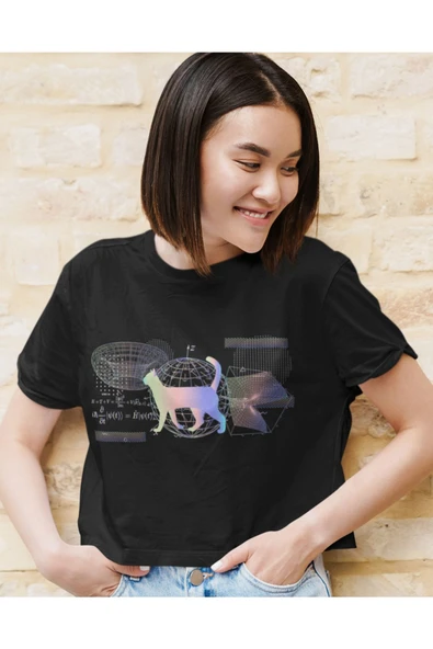 playbackmoda Akiki Tasarım, Schrödinger'in Kedisi-quantum, Bilimsel Tasarım, Siyah Crop (yarım Tişört) , S - Resim 2