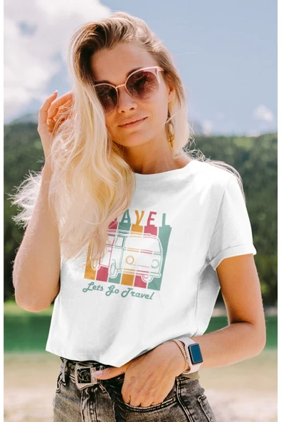 playbackmoda Crop-top Wolksvagen Travel Vintage T1 Baskılı Yarım Tişört - Resim 2