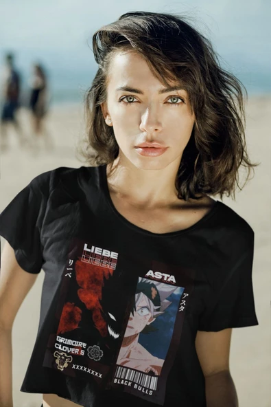 playbackmoda Akiki Tasarım Liebe Asta Anime - Manga, Siyah Crop Yarım Tişört  Xs Beden - Resim 2