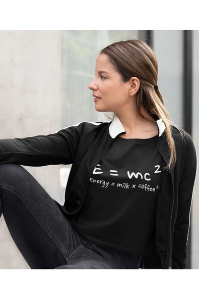 playbackmoda Akiki Tasarım, E=mc2 Energy=milk X Coffee2, Bilimsel Tasarım, Siyah Crop (yarım Tişört) , L Beden - Resim 2