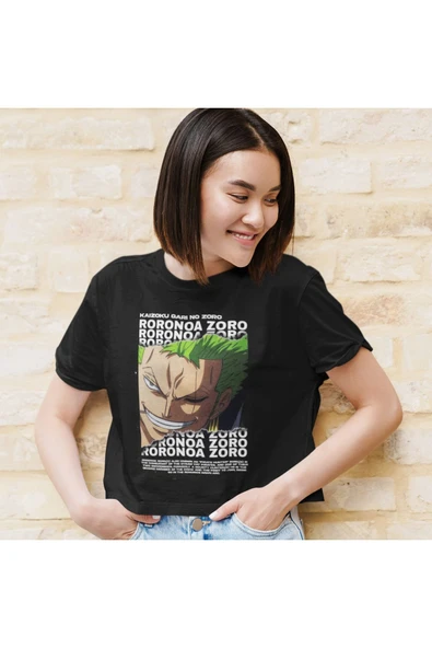 playbackmoda Akiki Tasarım Roronoa Zoro Anime  Manga Siyah Crop  Yarım Tişört  Xs Beden - Resim 2