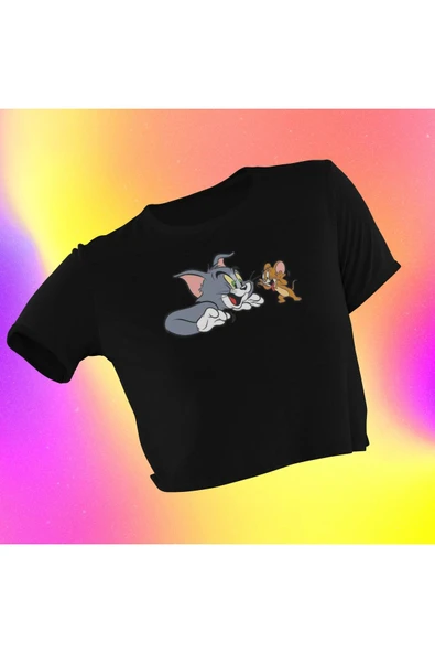 playbackmoda Crop-Top Tom And Jerry Baskılı Yarım T-Shirt