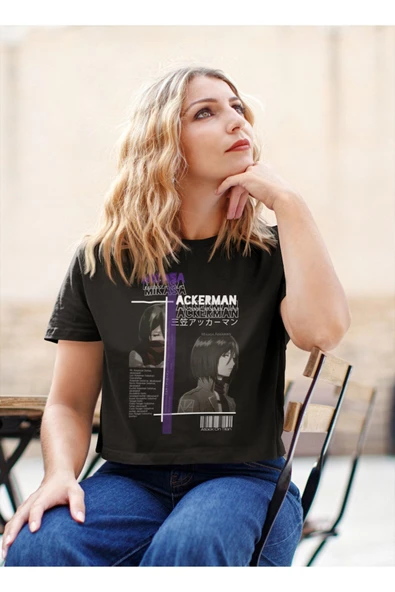 playbackmoda Akiki Tasarım, Mikasa Ackerman, Anime - Manga, Siyah Crop (yarım Tişört) , L Beden - Resim 2