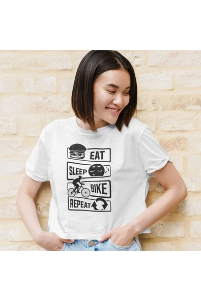 playbackmoda Akiki Tasarım, Ye-uyu-bisiklete Bin-tekrar Et, Bisiklet Fanları, Beyaz Crop (yarım Tişört) , L - Resim 2