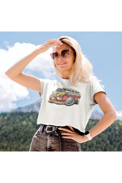 playbackmoda Crop-top Wolksvagen Çiçekli T1 Baskılı Yarım Tişört - Resim 2