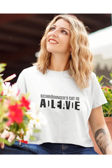 playbackmoda Akiki Tasarım, Schrödinger'in Kedisi-quantum, Bilimsel Tasarım, Beyaz Crop (yarım Tişört) , M - Resim 2