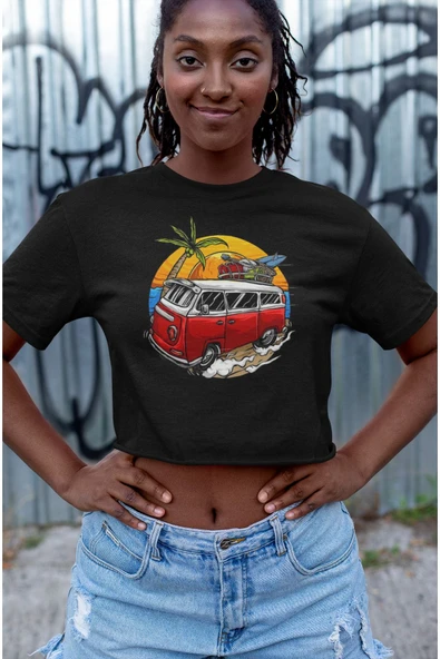 playbackmoda Crop-Top Wolksvagen T1 Summer Baskılı Yarım T-Shirt - Resim 2