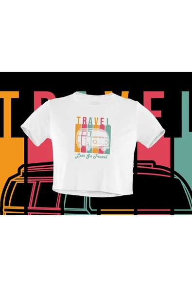 playbackmoda Crop-top Wolksvagen Travel Vintage T1 Baskılı Yarım Tişört