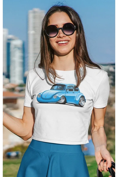 playbackmoda Crop-top Mavi Wolksvagen Beetle Baskılı Yarım Tişört - Resim 2