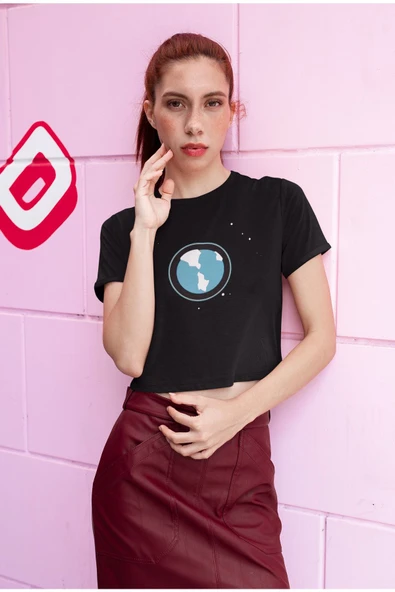 playbackmoda Crop-top Mavi Dünya Baskılı Yarım Tişört - Resim 2