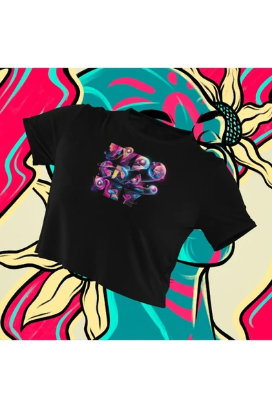 playbackmoda Crop-top Ilıustrasyon Renkli Yazı Baskılı Yarım Tişört ürün görseli