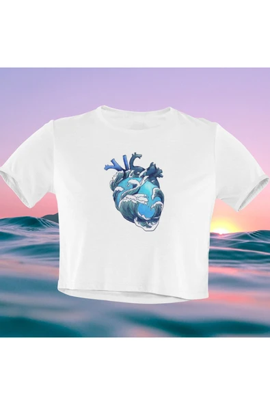 playbackmoda Crop-top Deniz Dalga Kalp Baskılı Yarım Tişört - Resim 2