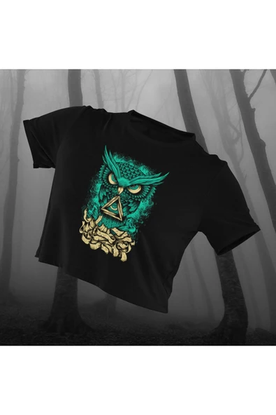 playbackmoda Crop-top Ilıustrasyon Mavi Baykuş Baskılı Yarım Tişört ürün görseli