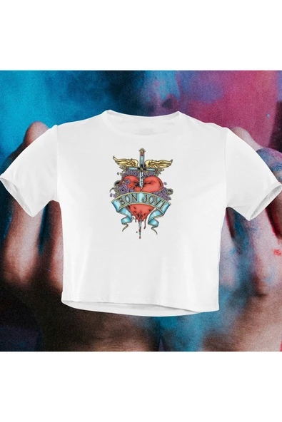 playbackmoda Crop-top Bon Jovi Baskılı Yarım Tişört