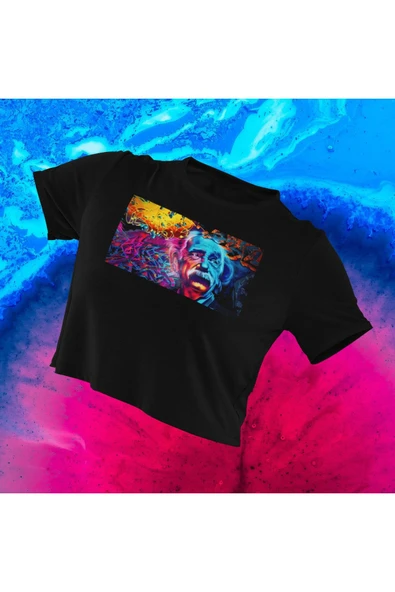 playbackmoda Crop-top Ilıustrasyon Renkli Einstein Baskılı Yarım Tişört