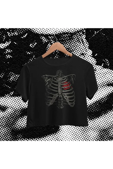 playbackmoda Crop-top Kalp Gül Iskelet Baskılı Yarım Tişört ürün görseli