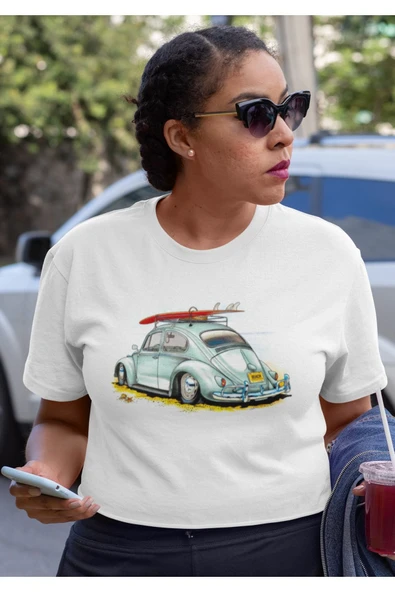 playbackmoda Crop-top Mavi Wolksvagen Beetle Baskılı Yarım Tişört - Resim 2