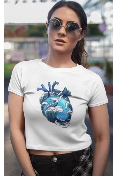 playbackmoda Crop-top Deniz Dalga Kalp Baskılı Yarım Tişört ürün görseli
