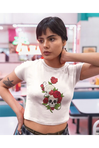 playbackmoda Crop-top Gül Kurukafa Baskılı Yarım Tişört - Resim 2