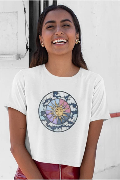 playbackmoda Crop-top Güneş Ve Ay Baskılı Yarım Tişört ürün görseli