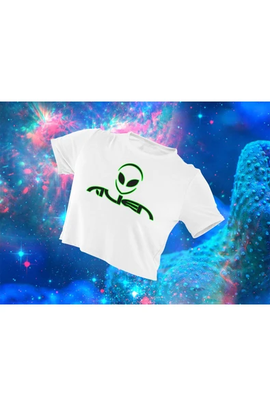 playbackmoda Crop-top Uzaylı Alien Baskılı Yarım Tişört