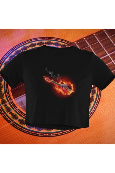 playbackmoda Crop-top Alev Gitar Baskılı Yarım Tişört