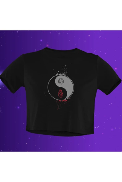 playbackmoda Crop-top Ying Yang Kalp Baskılı Yarım Tişört ürün görseli