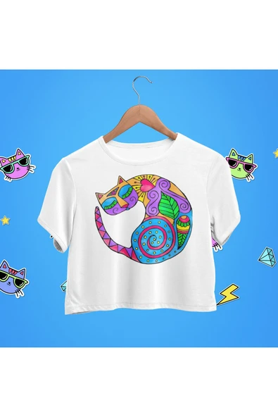 playbackmoda Crop-top Renkli Kedi Baskılı Yarım Tişört ürün görseli