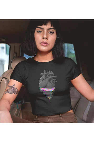 playbackmoda Crop-top Kırık Kalp Baskılı Yarım Tişört - Resim 2