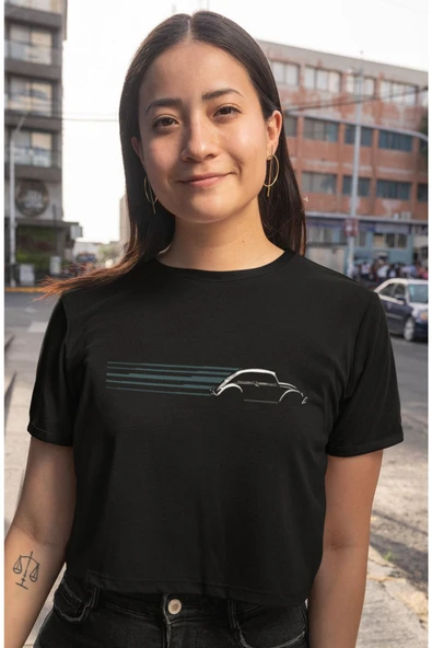 playbackmoda Crop-top Siyah Wolksvagen Beetle Baskılı Yarım Tişört - Resim 2