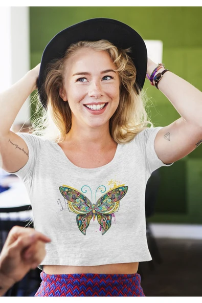 playbackmoda Crop-top Renkli Kelebek Baskılı Yarım Tişört - Resim 2