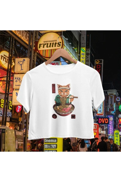 playbackmoda Crop-top Japon Kedi Baskılı Yarım Tişört ürün görseli