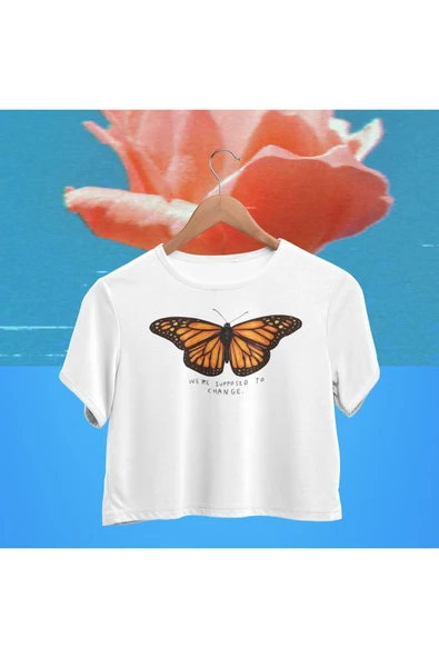 playbackmoda Crop-top Sarı Kelebek Baskılı Yarım Tişört - 1