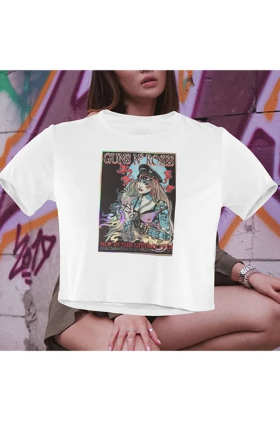playbackmoda Crop-top Guns And Roses Baskılı Yarım Tişört ürün görseli