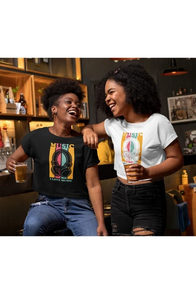 playbackmoda Crop-top Retro Müzik Kulaklık Baskılı Yarım Tişört - Resim 2