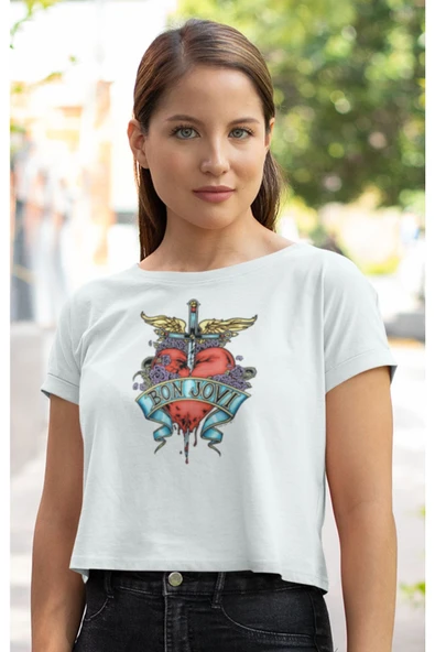 playbackmoda Crop-top Bon Jovi Baskılı Yarım Tişört - Resim 2