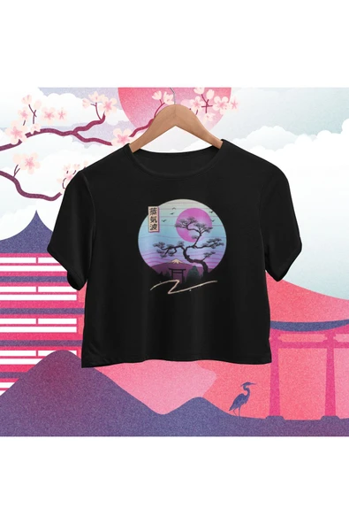 playbackmoda Crop-top Japon Gün Batımı Baskılı Yarım Tişört ürün görseli