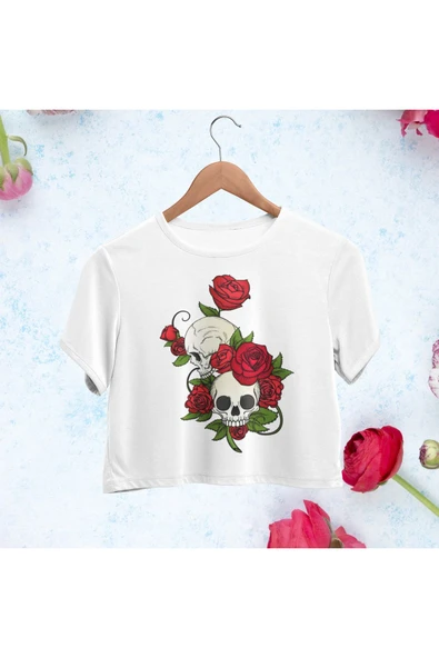 playbackmoda Crop-top Gül Kurukafa Baskılı Yarım Tişört ürün görseli