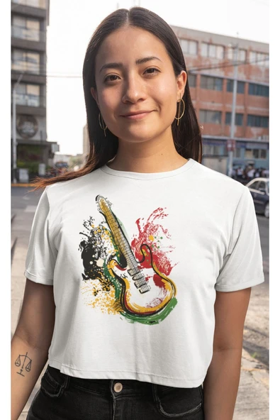 playbackmoda Crop Top Renkli Gitar Baskılı Yarım Tişört - Resim 2