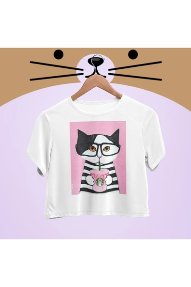 playbackmoda Crop-top Gözlüklü Kedi Baskılı Yarım Tişört ürün görseli