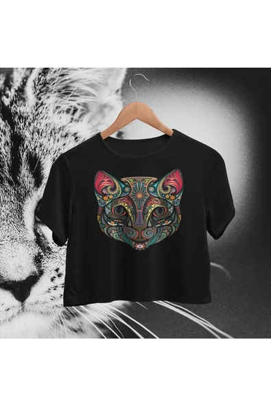 playbackmoda Crop-top Renkli Kedi Baskılı Yarım Tişört ürün görseli