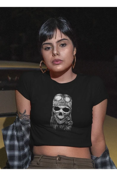 playbackmoda Crop-top Asi Kurukafa Baskılı Yarım Tişört - Resim 2