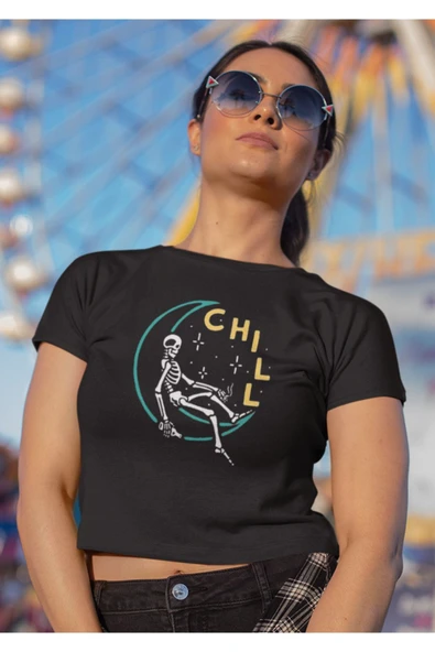 playbackmoda Crop-top Aydaki Iskelet Baskılı Yarım Tişört ürün görseli