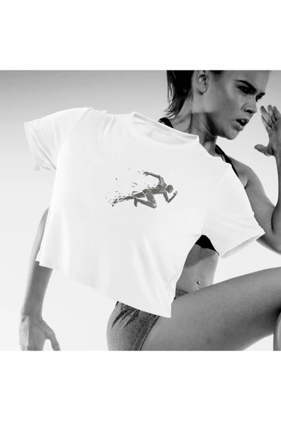 playbackmoda Crop-top Ilıustrasyon Spor Koşu Baskılı Yarım Tişört ürün görseli