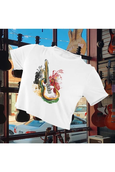 playbackmoda Crop Top Renkli Gitar Baskılı Yarım Tişört ürün görseli