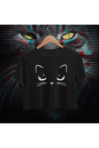 playbackmoda Crop-top Silüet Kedi Baskılı Yarım Tişört
