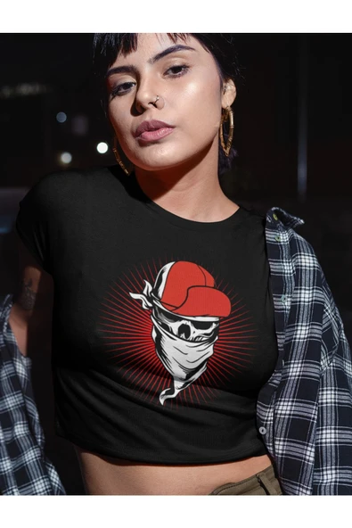 playbackmoda Crop-top Asi Kurukafa Baskılı Yarım Tişört - Resim 2