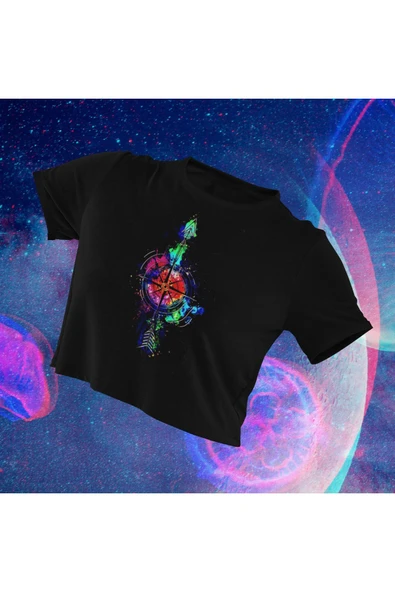 playbackmoda Crop-top Ilustrasyon Pusula Baskılı Yarım Tişört ürün görseli