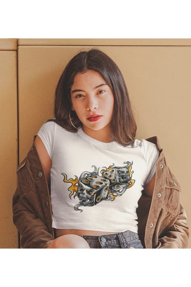 playbackmoda Crop Top Zar Kurukafa Baskılı Yarım Tişört ürün görseli